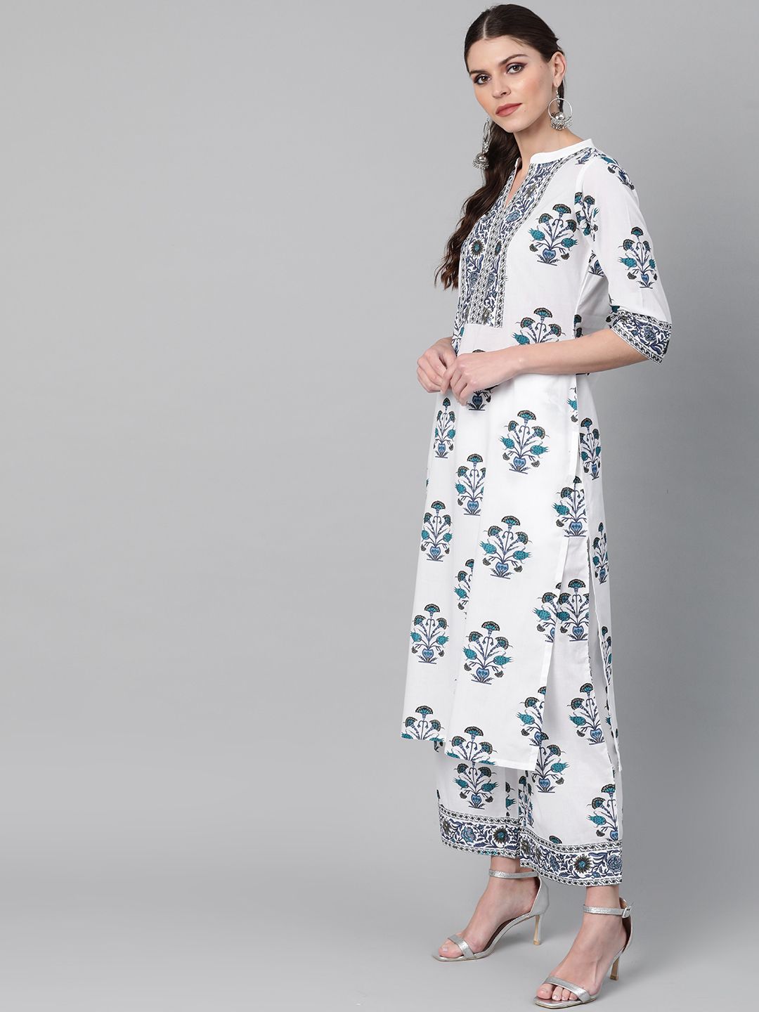 Libas Women White & Navy Blue Floral Printed Kurta with Palazzos & Dupatta