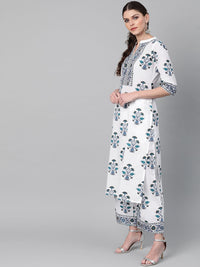 Libas Women White & Navy Blue Floral Printed Kurta with Palazzos & Dupatta