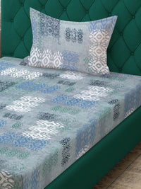 KLOTTHE Blue & Grey Printed Pure Cotton 400 TC Single Bedsheet With Pillow Cover