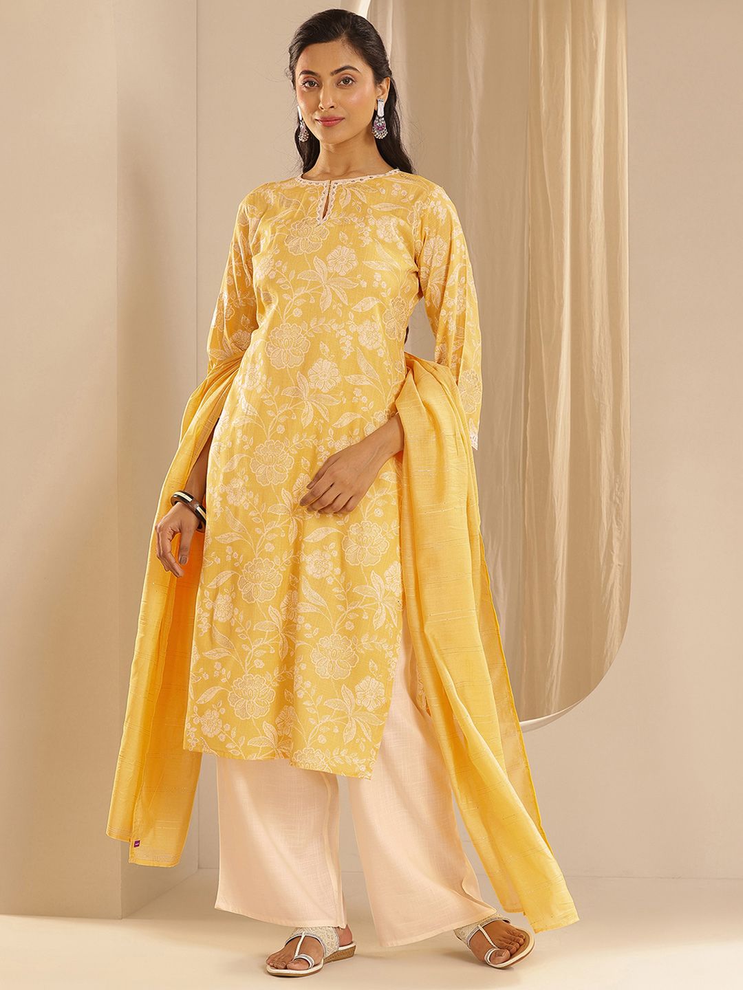 Libas Floral Printed Straight Sequinned Kurta with Palazzos & Dupatta