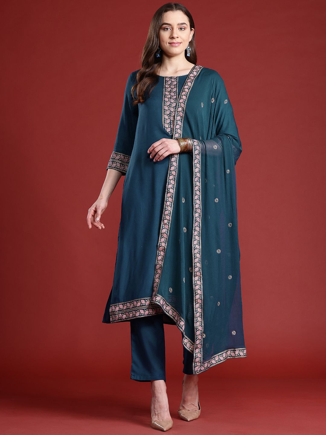 Anouk Ethnic Motifs Printed Straight Kurta Set With Dupatta