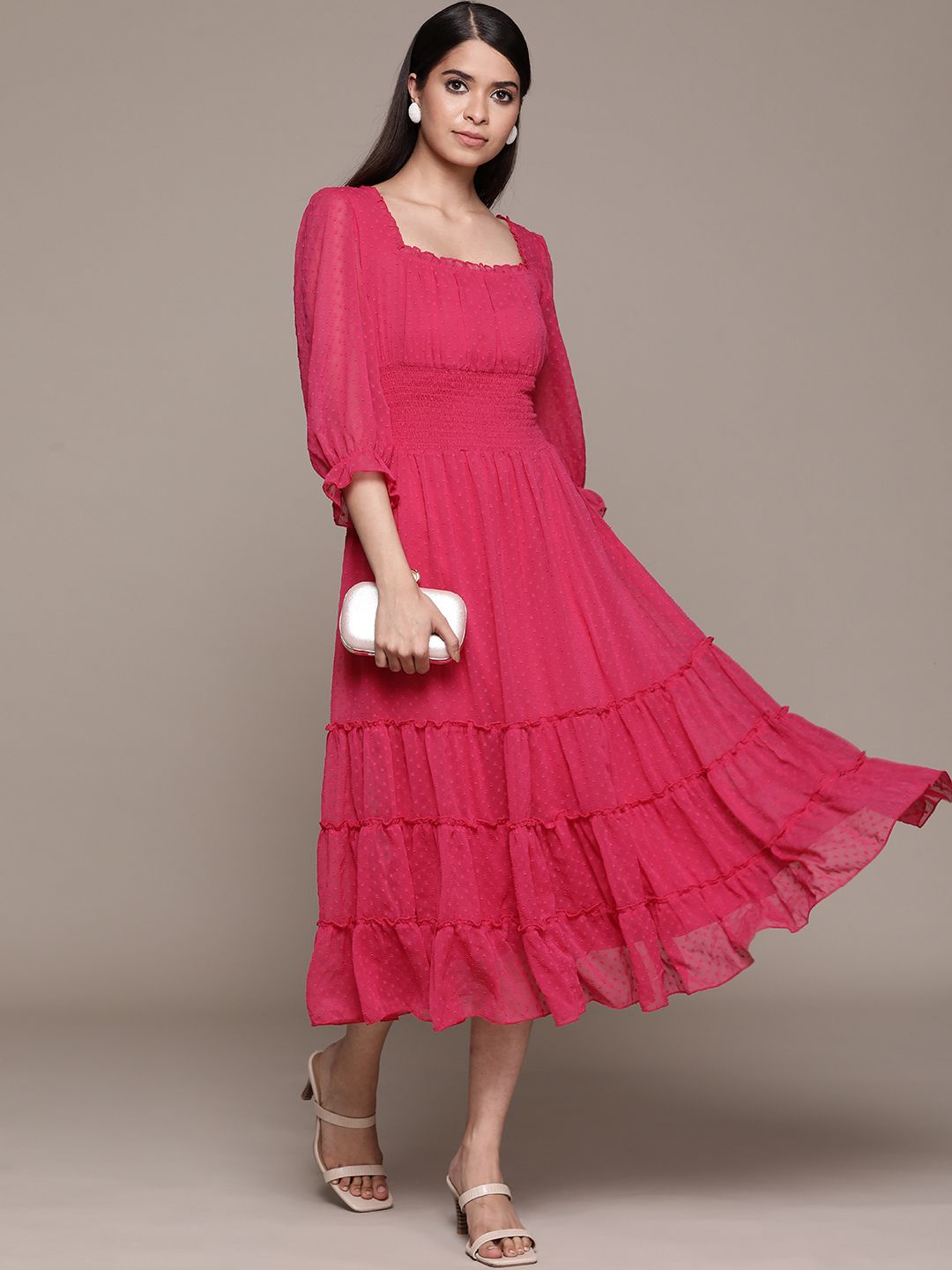 Antheaa Fuchsia Solid Chiffon Smocked Tiered Midi Dress