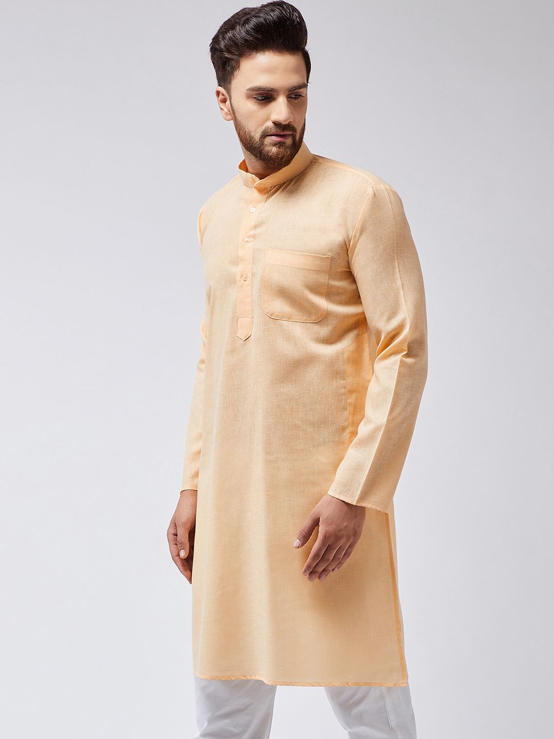 SOJANYA Men Peach-Coloured Solid Straight Kurta