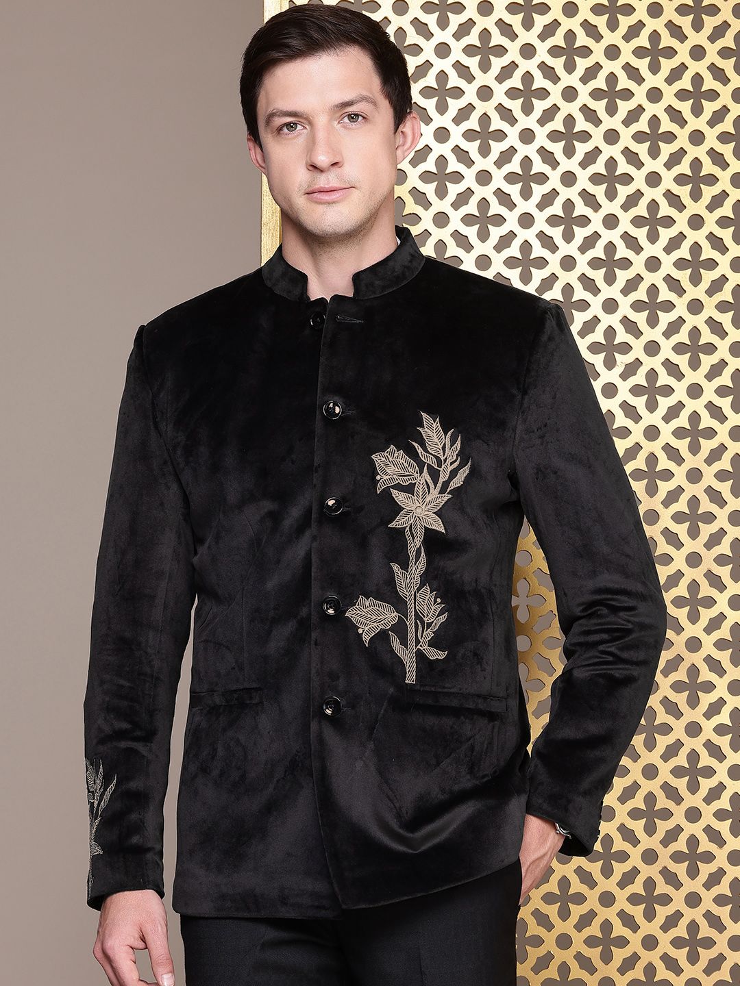 House of Pataudi Jashn Floral Zari Work Velvet Bandhgala Party Blazer