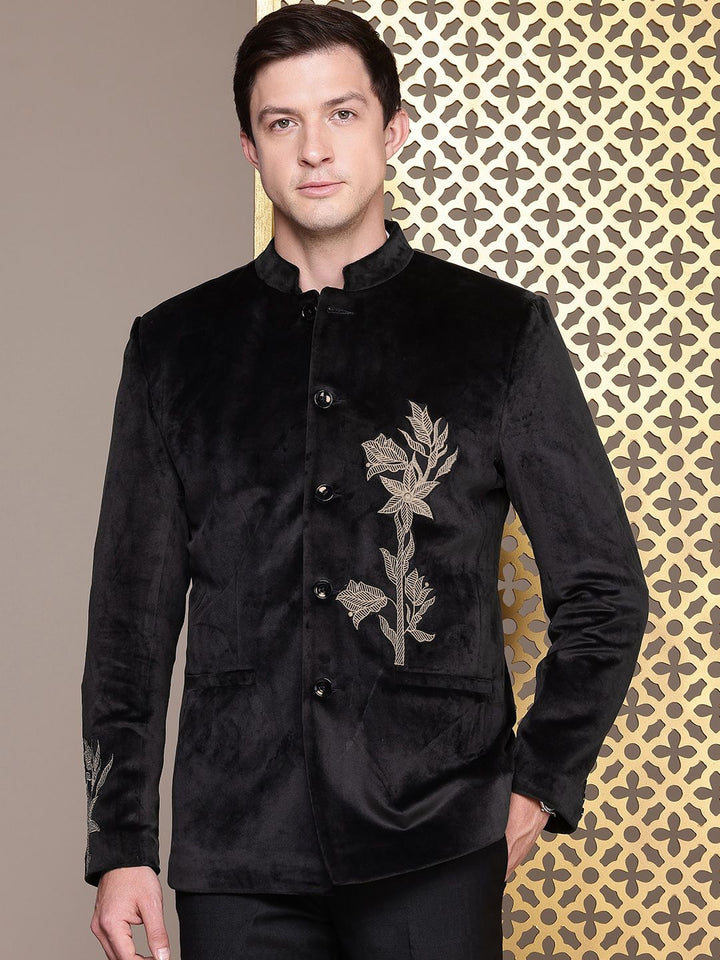 House of Pataudi Jashn Floral Zari Work Velvet Bandhgala Party Blazer