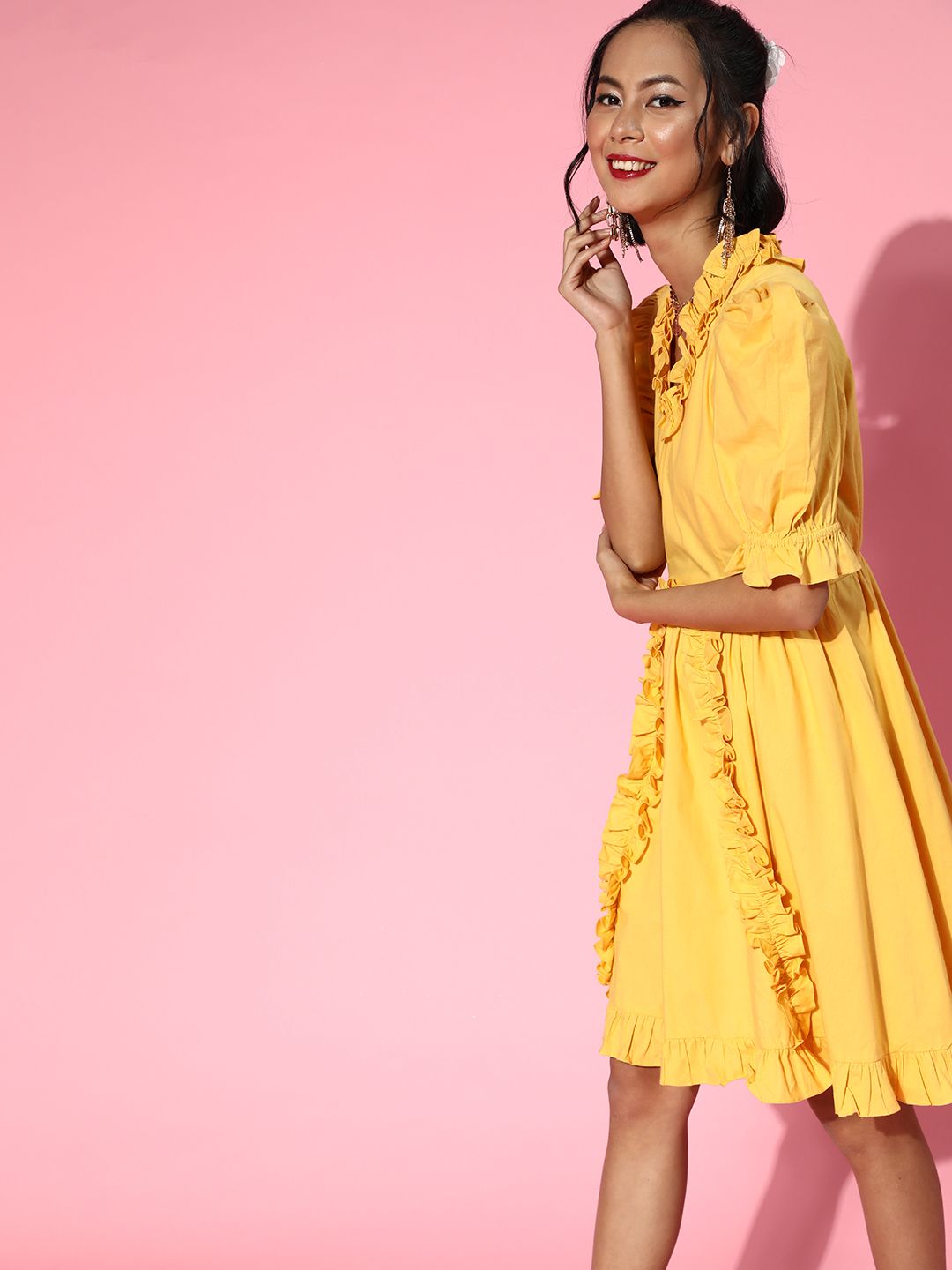 Athena Women Stylish Yellow Geometric Ruffled Dress