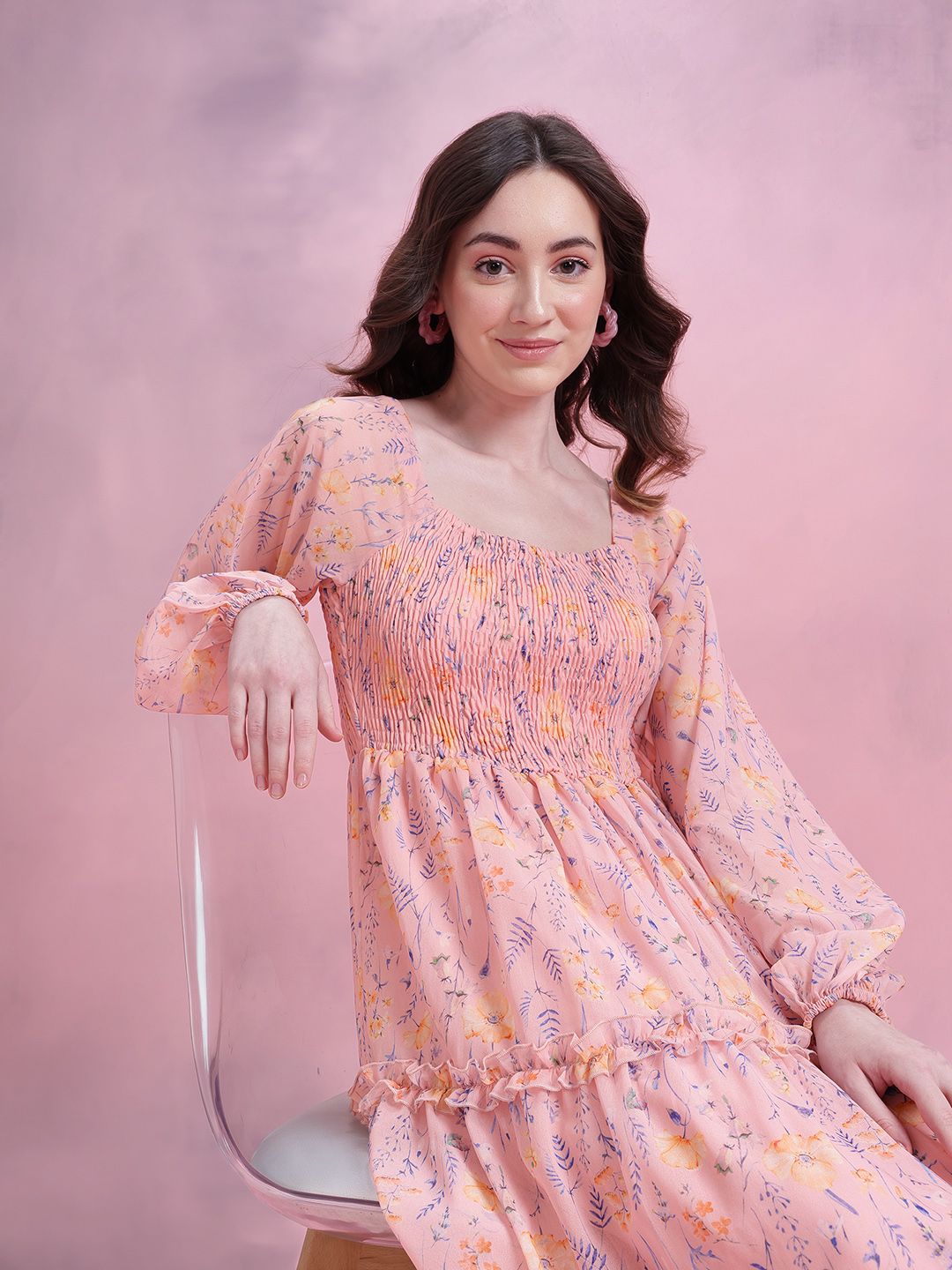 DressBerry Floral Print Tiered A-Line Midi Dress