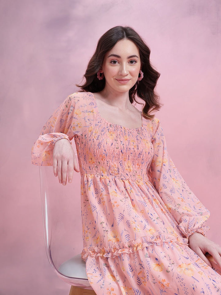 DressBerry Floral Print Tiered A-Line Midi Dress