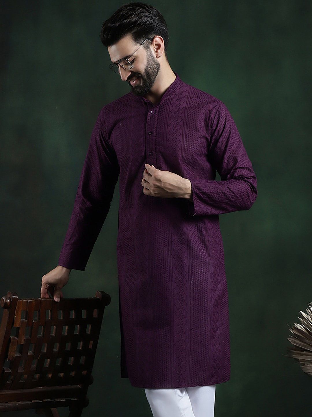 SOJANYA Ethnic Motifs Embroidered Mandarin Collar Thread Work Cotton Straight Kurta