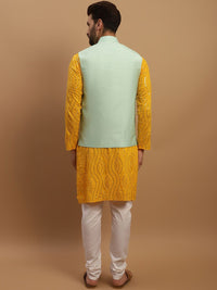 SOJANYA Embroidered Sequinned Pure Cotton Kurta with Churidar & Embroidered Nehru Jacket