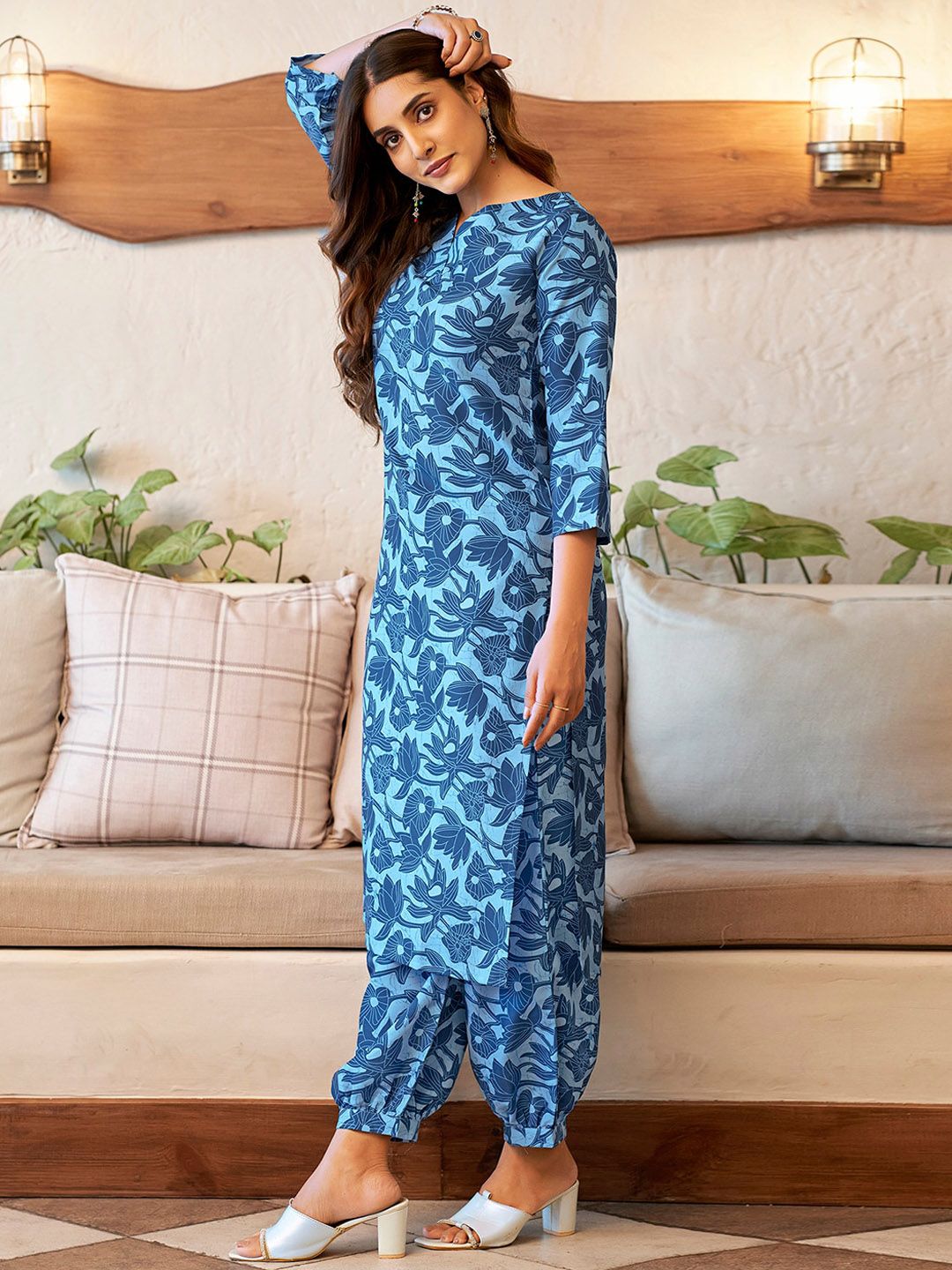 KALINI Floral Printed Regular V Neck Straight Kurta With Salwar & Dupatta