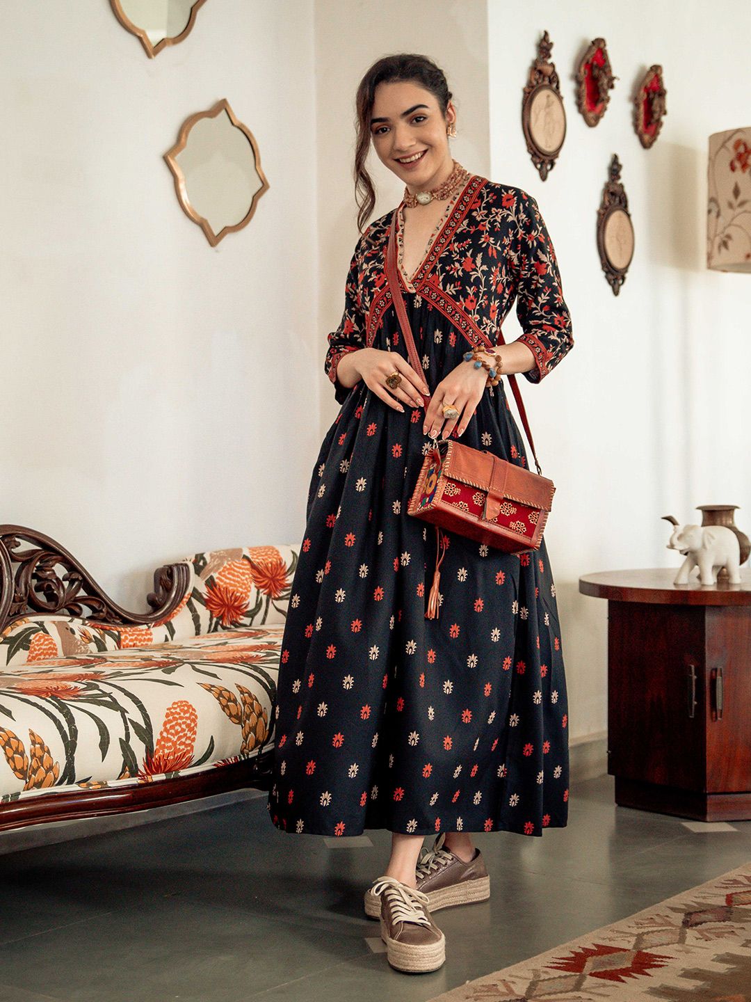 Rustorange Black & Orange Ethnic Motifs Printed Maxi Dress