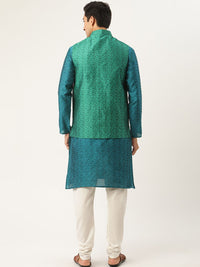 SOJANYA Men Teal Blue & Green Woven Design Kurta with Churidar & Nehru Jacket