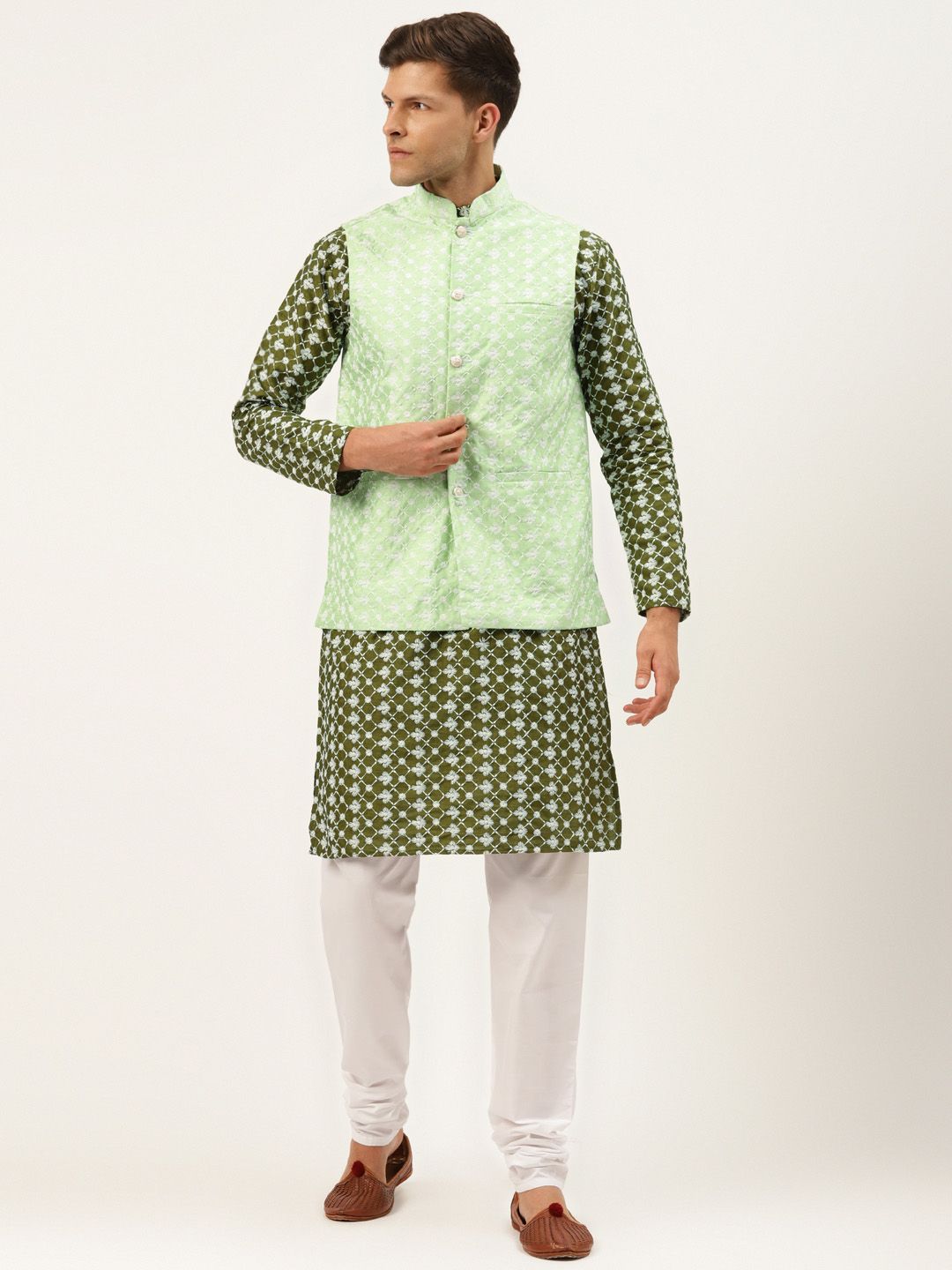 SOJANYA Men Olive Ethnic Motifs Embroidered Thread Work Kurta with Churidar