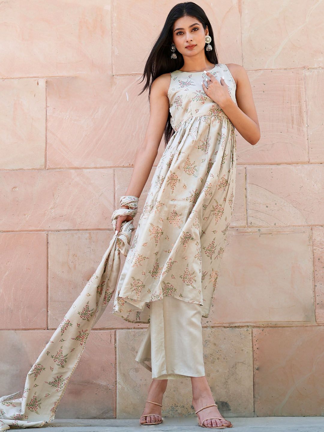 Libas Women Beige Floral Printed Regular Kurta with Palazzos & With Dupatta