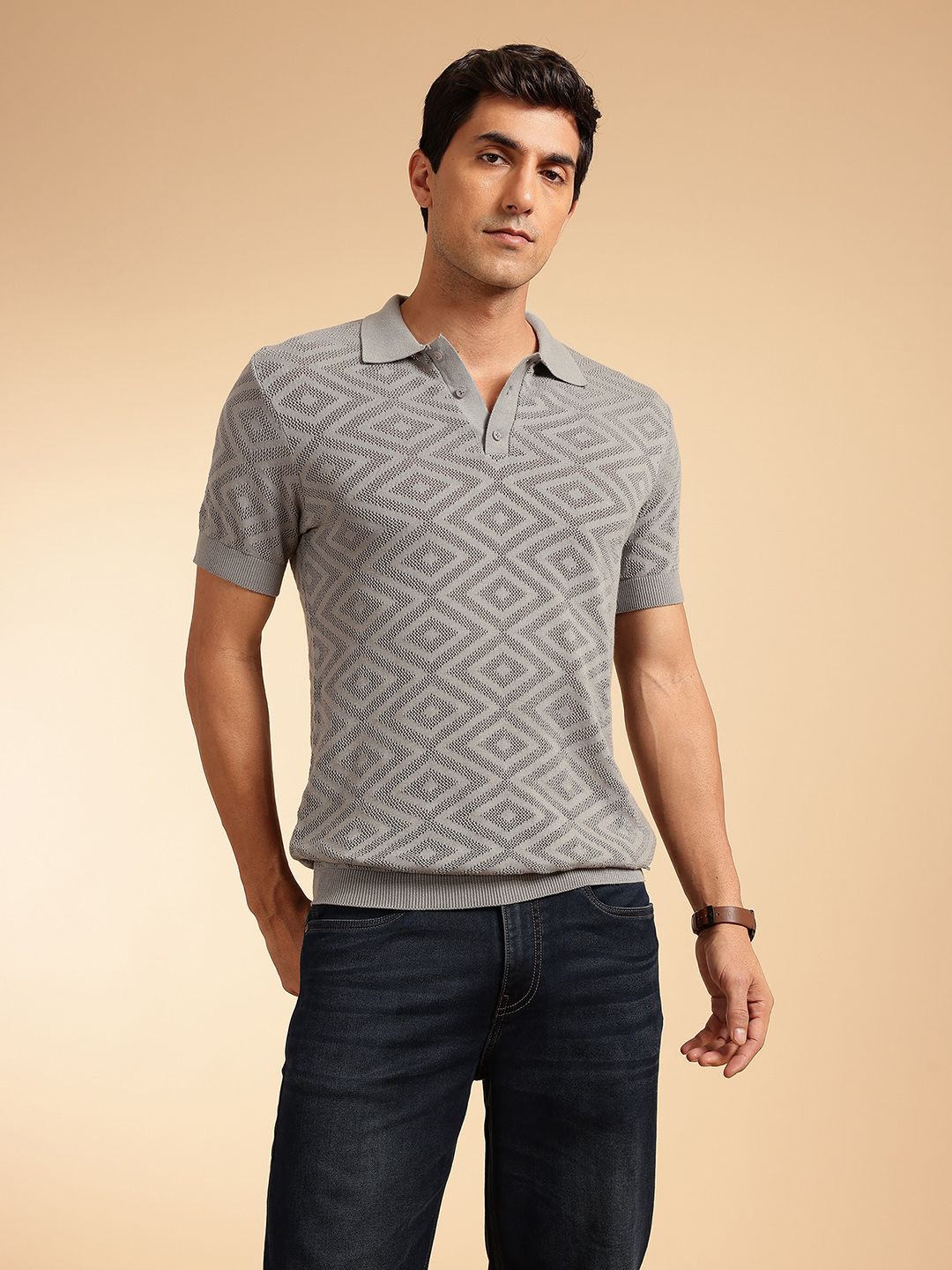 French Connection Geometric Self Design Polo Collar Pure Cotton T-shirt