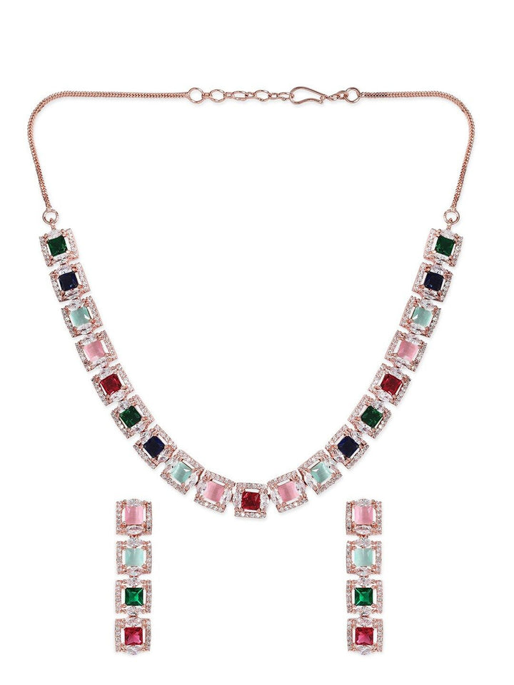 Rubans 22K Rose Gold Plated Multicolour Cubic Zirconia Studded Handcrafted Necklace Set.