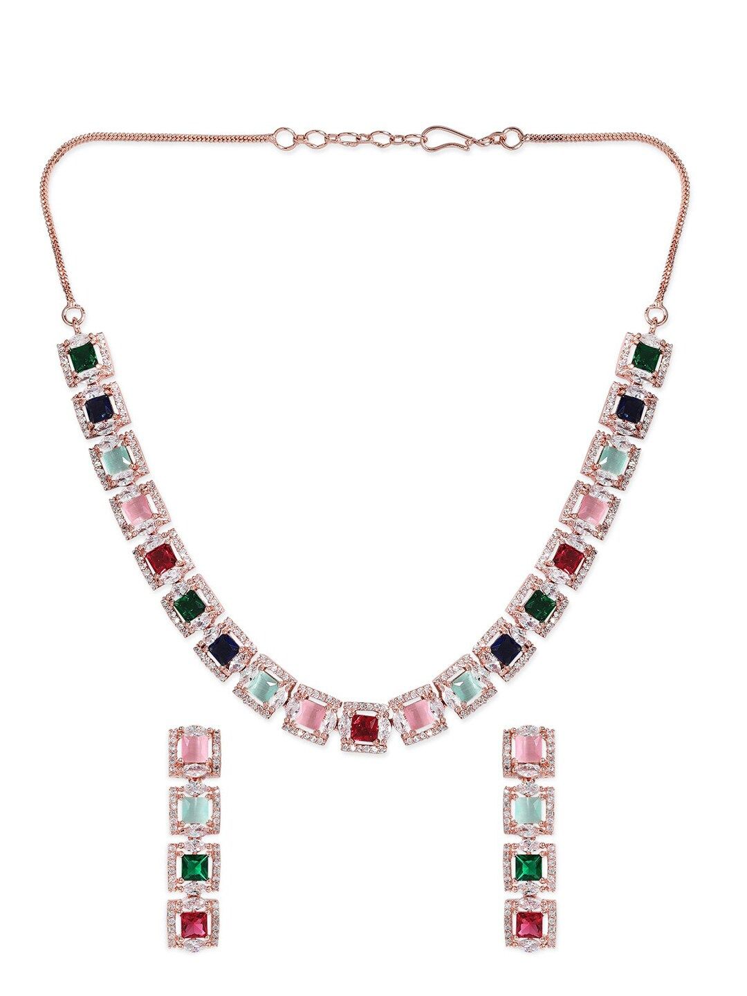 Rubans 22K Rose Gold Plated Multicolour Cubic Zirconia Studded Handcrafted Necklace Set.