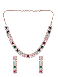 Rubans 22K Rose Gold Plated Multicolour Cubic Zirconia Studded Handcrafted Necklace Set.