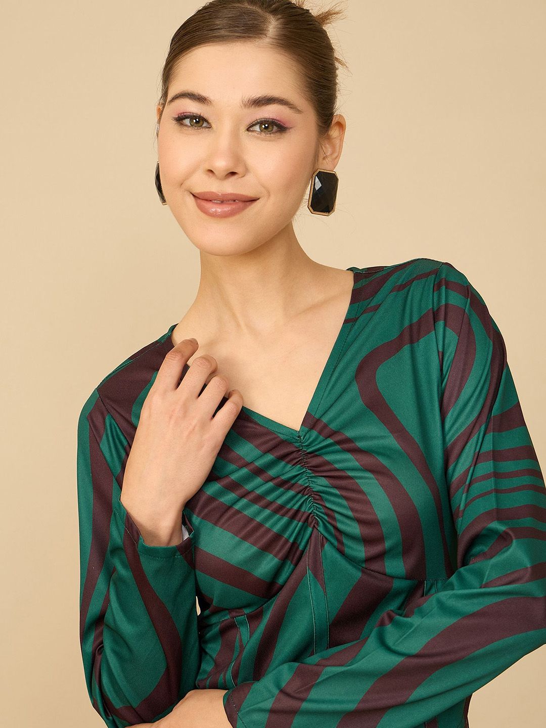 Antheaa Green Printed V-Neck Top With Skirt