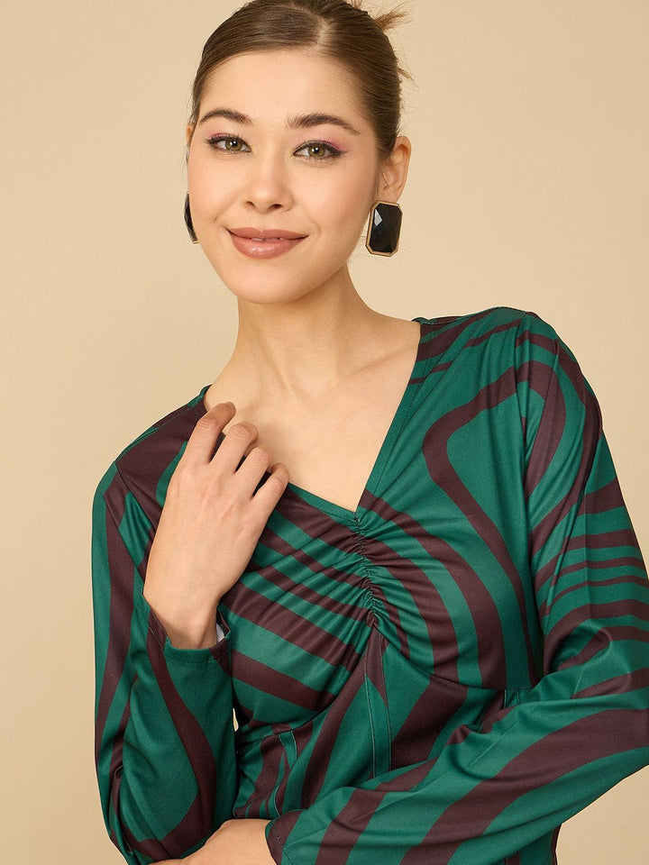 Antheaa Green Printed V-Neck Top With Skirt