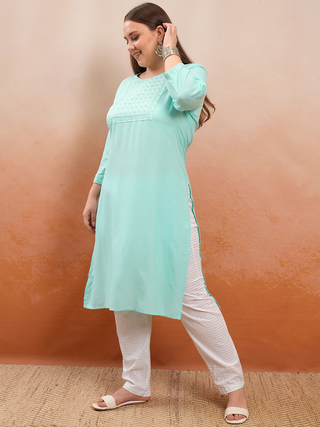 Vishudh Plus Size Blue Floral Yoke Design Thread Work Straight Kurta
