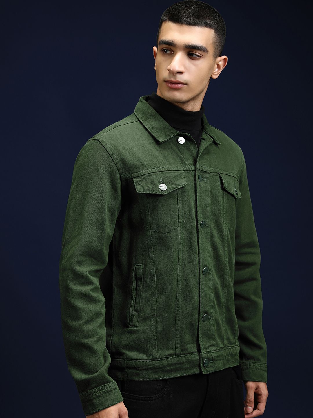 Highlander Men Jaket Denim Pepejal Hijau