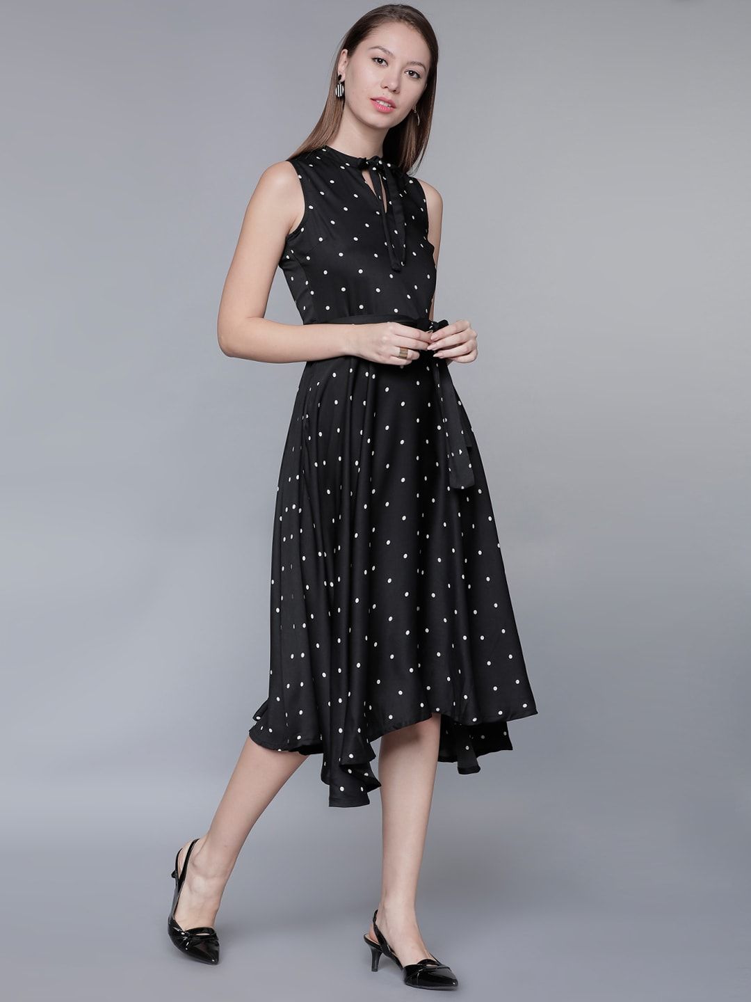 Tokyo Talkies Women Black Polka Dot Print Fit and Flare Dress