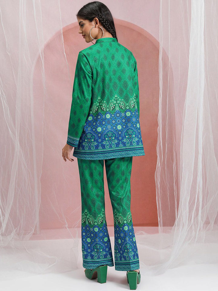 Vishudh Women Mandrain Collar Shirt With Bell Bottom Shaped Pants