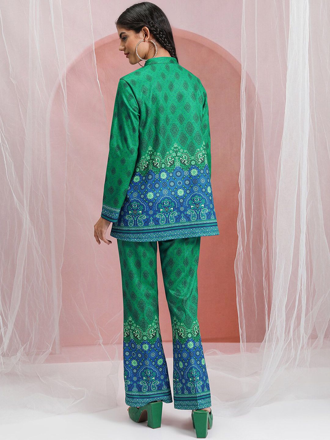 Vishudh Women Mandrain Collar Shirt With Bell Bottom Shaped Pants