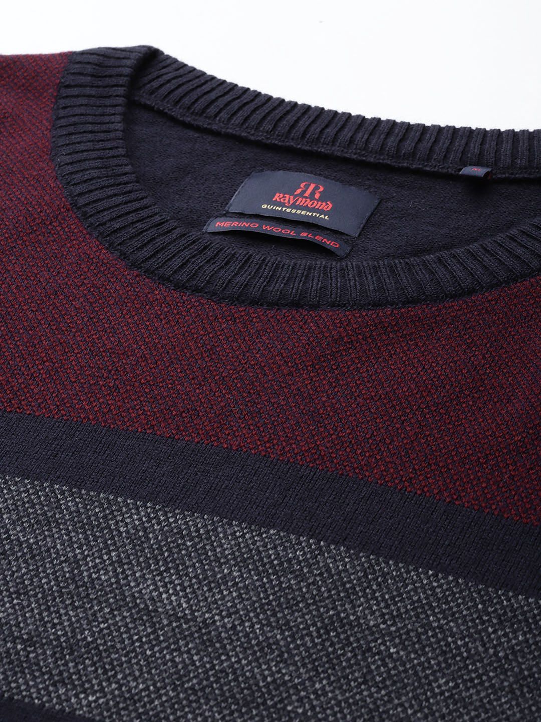 Raymond Men Maroon & Navy Blue Striped Woolen Pullover