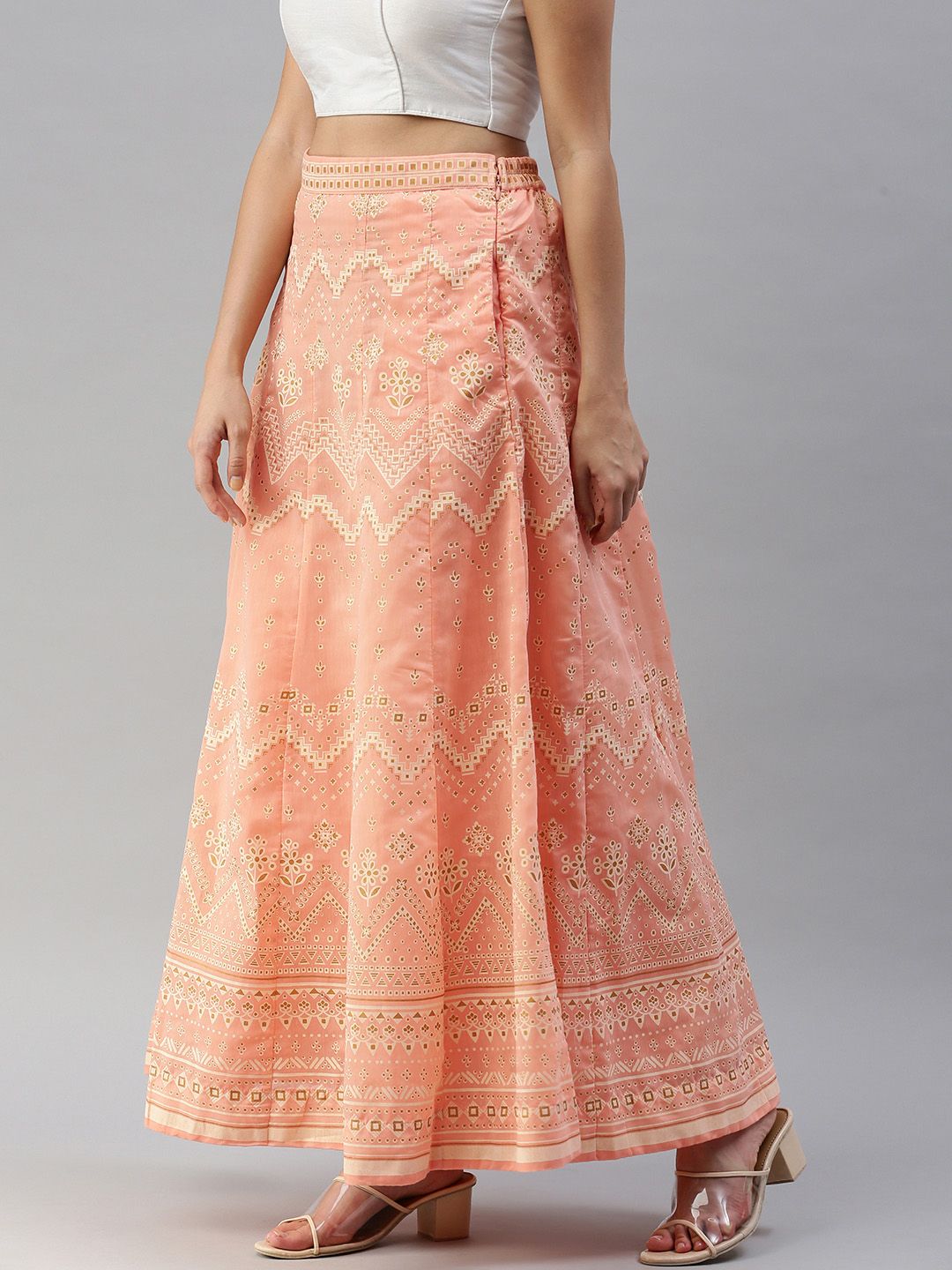 Global Desi Women Peach & Off White Printed Paneled Flared Skirt