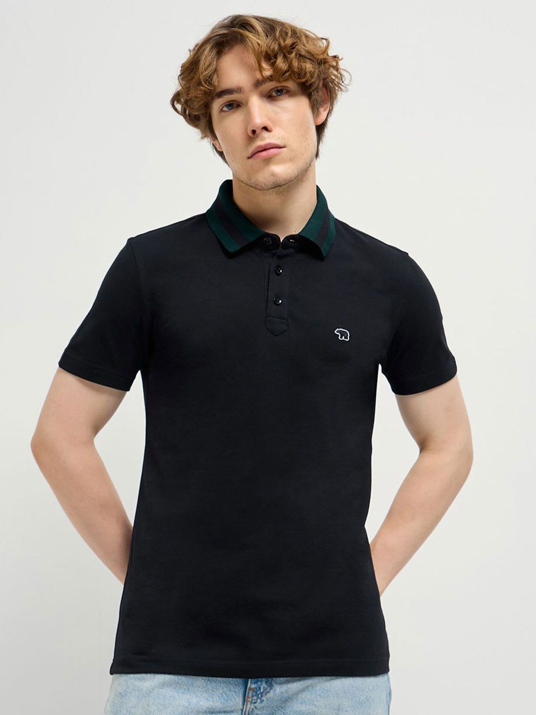 THE BEAR HOUSE Men Solid Polo Collar Pure Cotton T-shirt