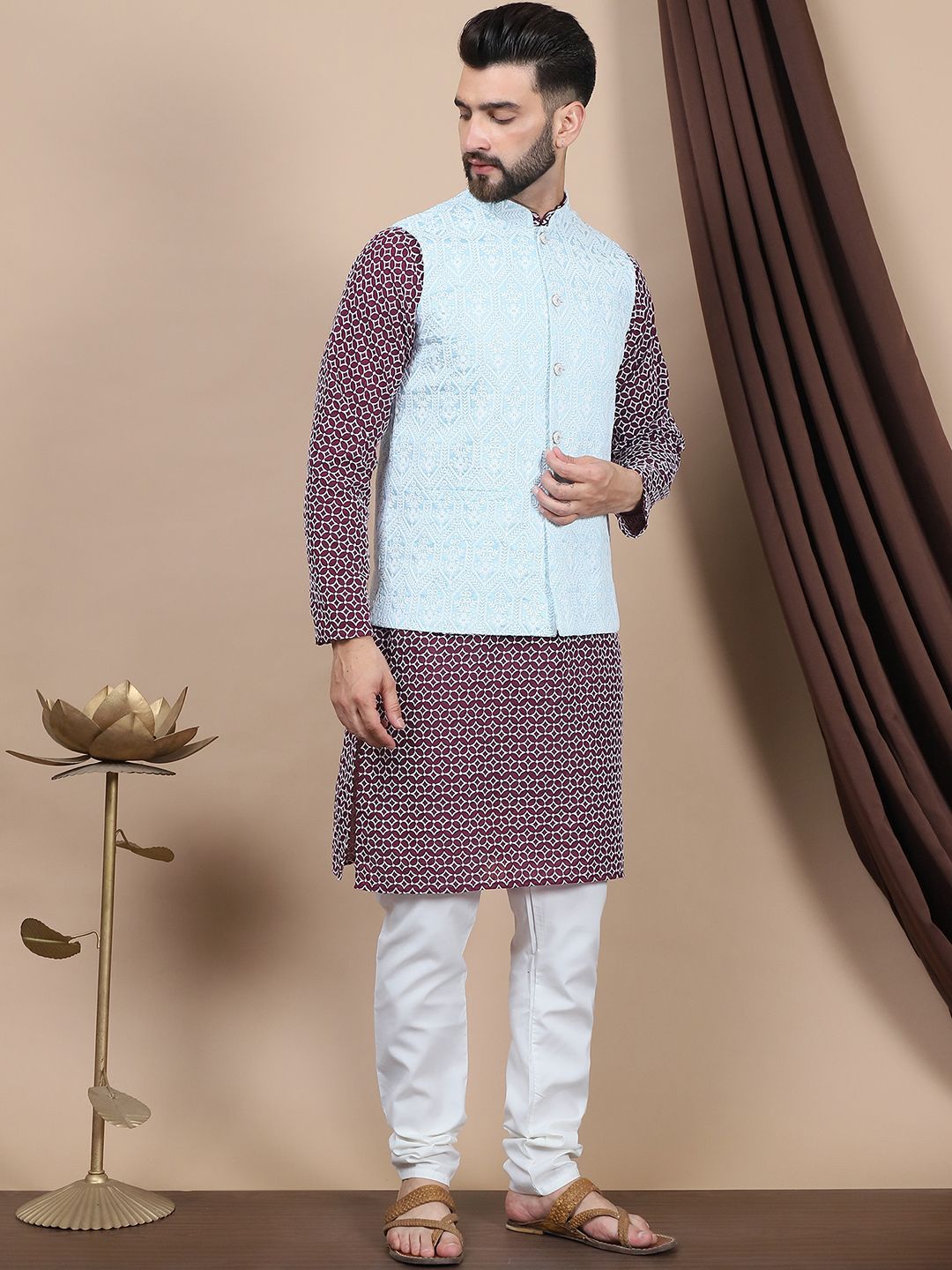 Anouk Purple Ethnic Motifs Printed Straight Pure Cotton Kurta with Churidar