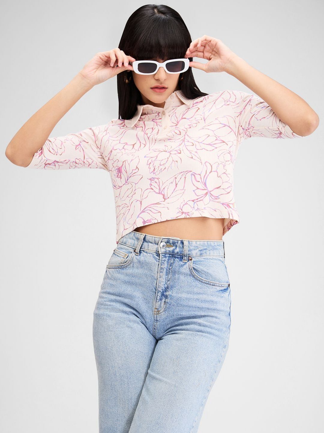 SPYKAR Women Floral Printed Polo Collar Tropical Slim Fit T-shirt