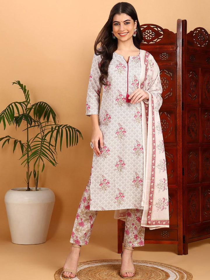 KALINI Floral Printed Mirror Work Straight Kurta with Trousers & Dupatta