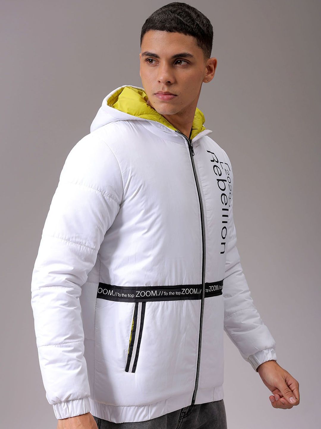 The Indian Garage Co Men Hooded Typography Printed Casual Quilted Jacket