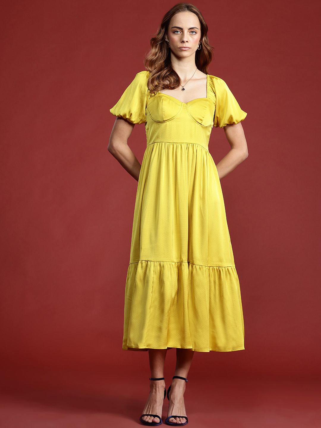 all about you Puff Sleeve A-Line Tiered Midi Dress