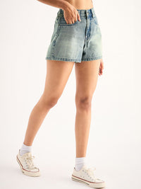 SASSAFRAS BASICS Women vWashed Mid-Rise Pure Cotton Denim Shorts
