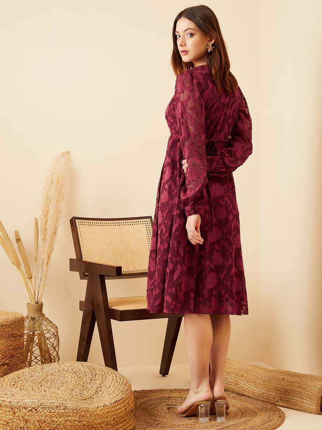 Berrylush Maroon Bishop Sleeve Layered Jacquard Midi Dress