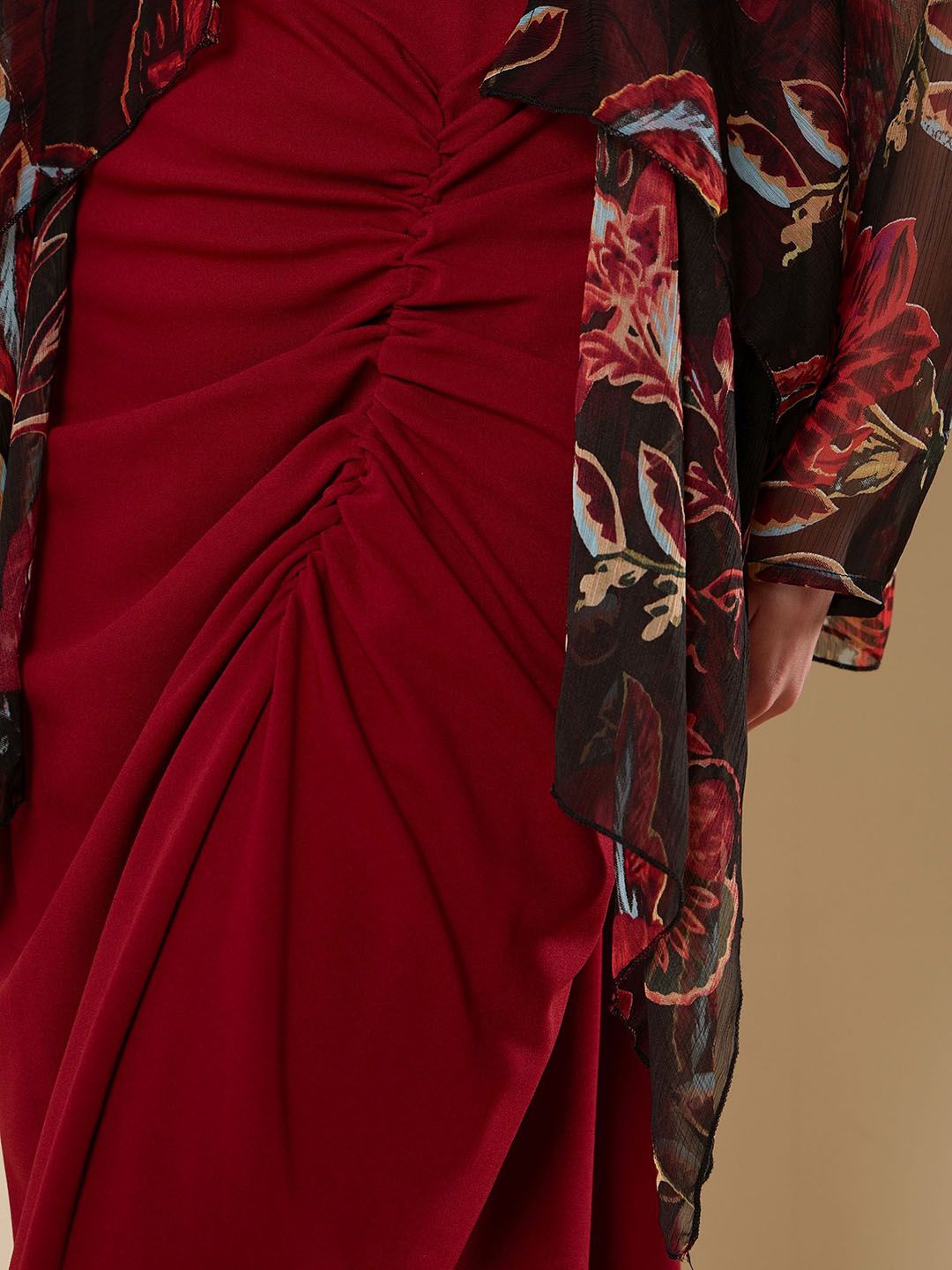 Antheaa Maroon Square Neck Bodycon Midi Dress With Shrug