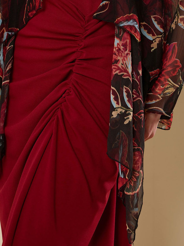 Antheaa Maroon Square Neck Bodycon Midi Dress With Shrug