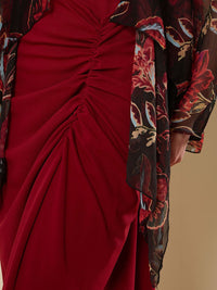 Antheaa Maroon Square Neck Bodycon Midi Dress With Shrug