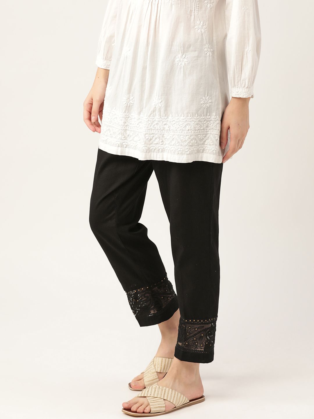 Anouk Women Black Cropped Pure Cotton Cigarette Trousers with Lace Detail