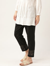 Anouk Women Black Cropped Pure Cotton Cigarette Trousers with Lace Detail