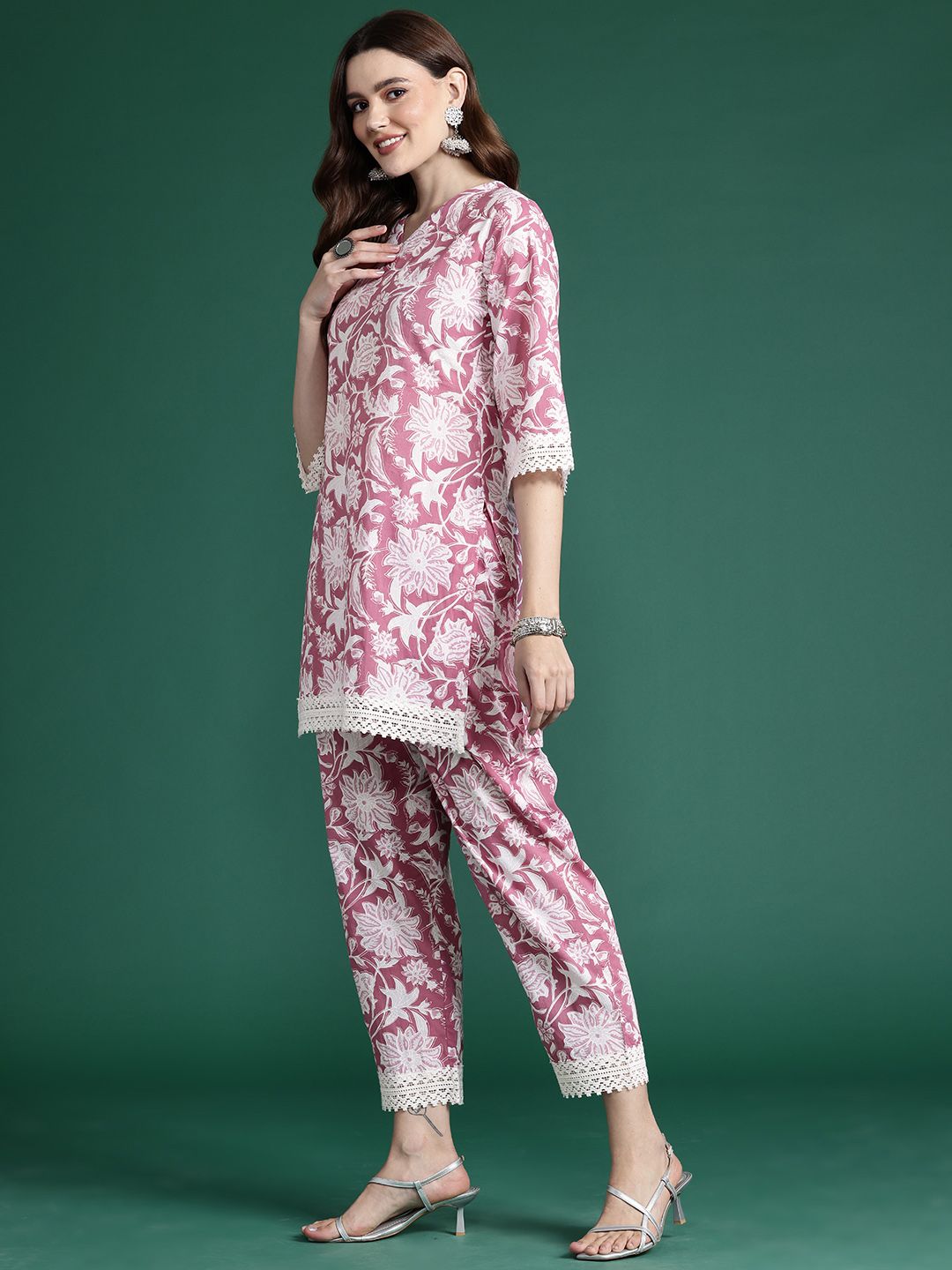 Indo Era Floral Printed Pure Cotton Tunic With Trousers