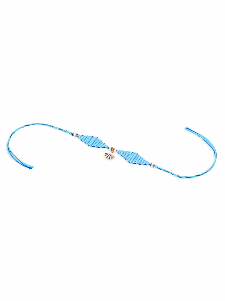 NVR Unisex Blue Pearls Unique  Thread Rakhi With Roli Chawal