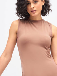 SASSAFRAS Brown Asymmetric A-Line Midi Dress