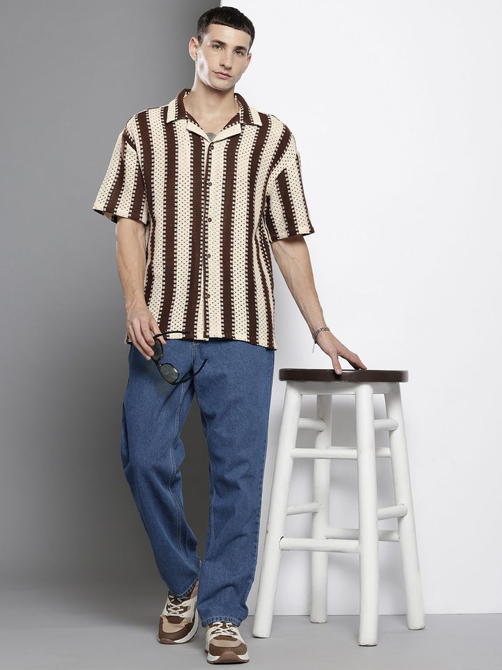 The Indian Garage Co Men Textured Open Weave Knitted Relaxed Fit Shirt
