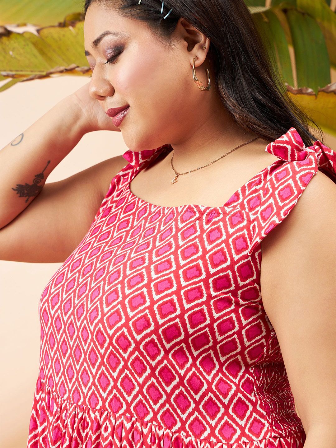 SASSAFRAS Curve Plus Size Pink Geometric Printed Gathered Tiered Fit & Flare Maxi Dress